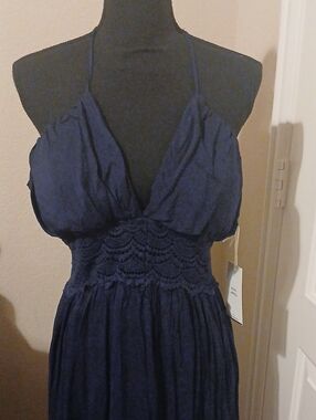 Navy Crochet Waist High Low Dress